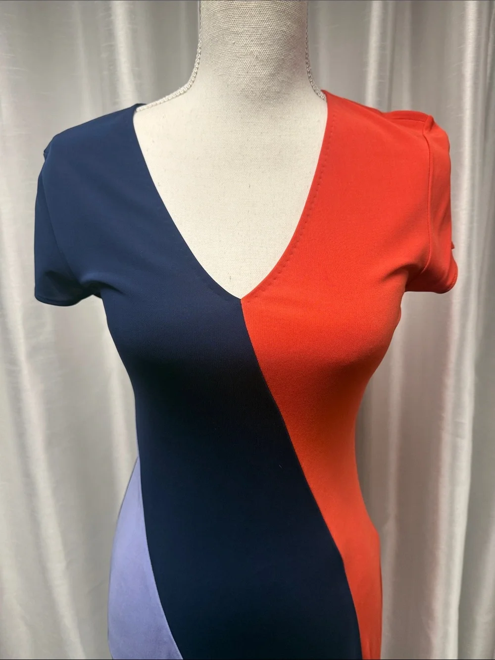 Tory Burch Navy, Red & Lavender Colorblock V-Neck Midi Dress